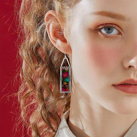 Red Handmade Bohemian Tribal Retro Colorful Square Bar Dangle Drop Earring - Picture 2 of 6